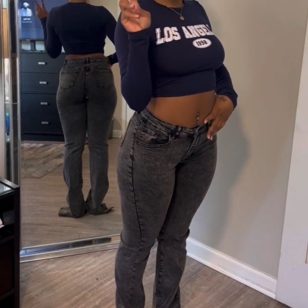 Long flared jeans, black, true to size stretchy